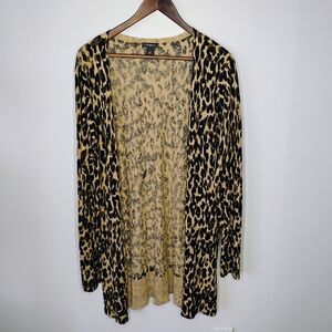 Halogen Linen Blend Leopard Print Long Line Open Front Cardigan Plus Size 1X